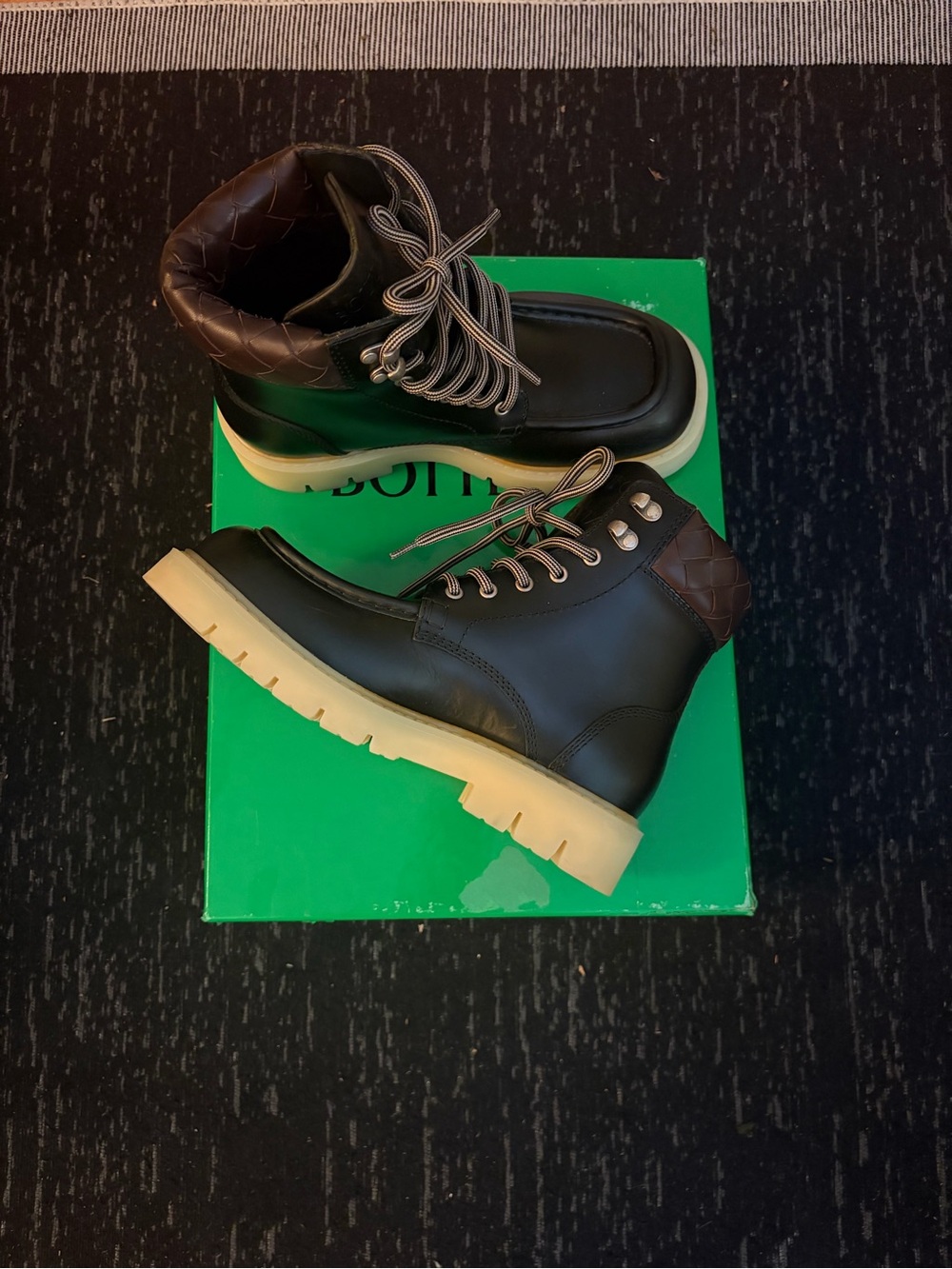 Bottega Veneta Black Leather Lace-Up Boots with Cream Lug Sole